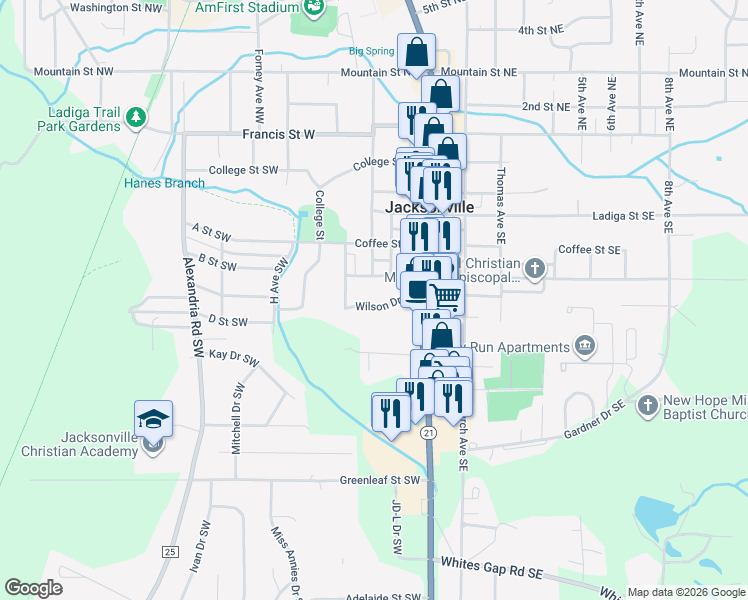 map of restaurants, bars, coffee shops, grocery stores, and more near 306 Wilson Drive Southwest in Jacksonville