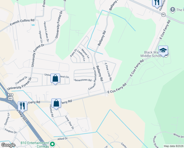 map of restaurants, bars, coffee shops, grocery stores, and more near 979 Chasewood Lane in Conway