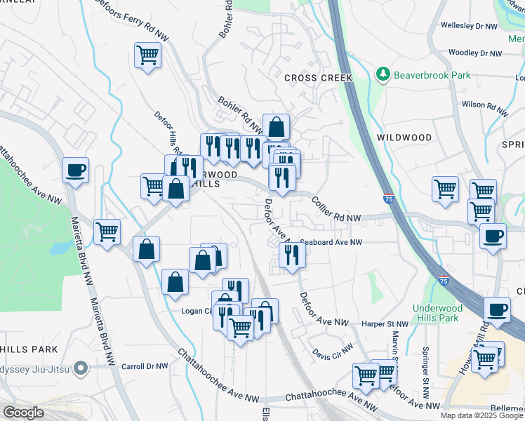 map of restaurants, bars, coffee shops, grocery stores, and more near 1224 Defoor Village Court Northwest in Atlanta