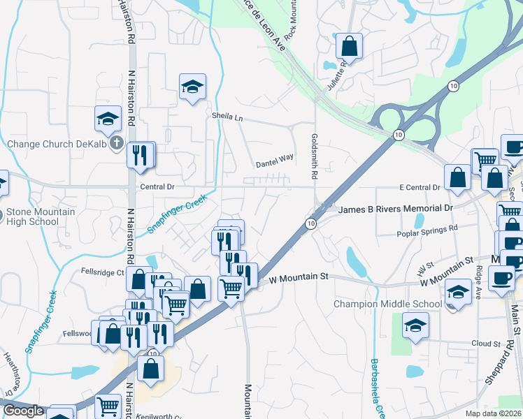 map of restaurants, bars, coffee shops, grocery stores, and more near 4969 Central Drive in Stone Mountain