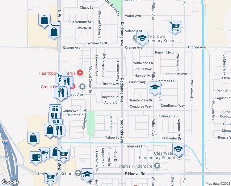 map of restaurants, bars, coffee shops, grocery stores, and more near 363 Morning Sky Drive in Perris
