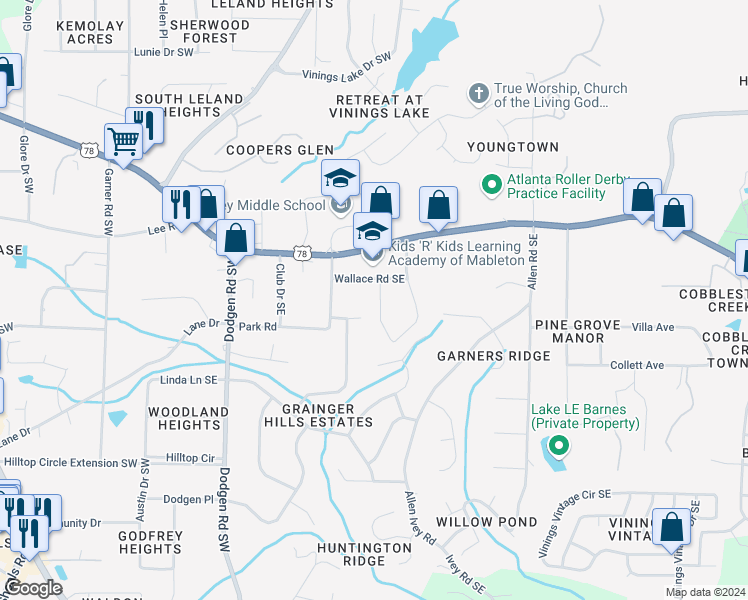 map of restaurants, bars, coffee shops, grocery stores, and more near 5886 Ridge Drive Southeast in Mableton