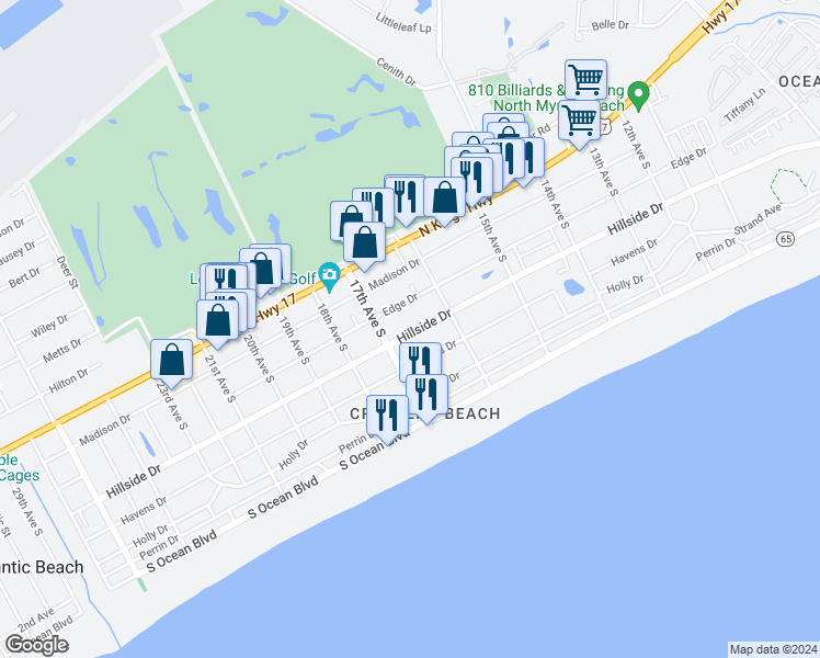 map of restaurants, bars, coffee shops, grocery stores, and more near 1616 Hillside Drive South in North Myrtle Beach