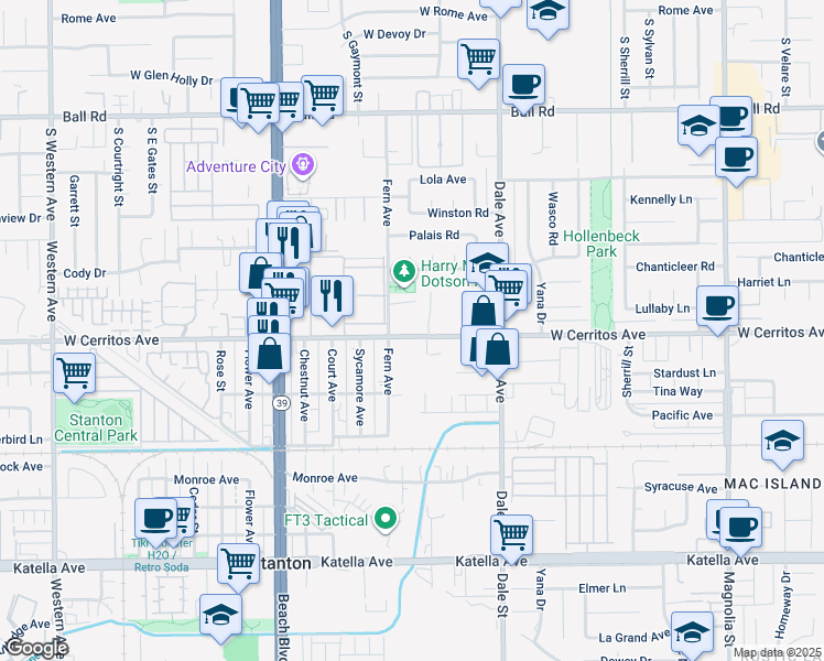map of restaurants, bars, coffee shops, grocery stores, and more near 8291 West Cerritos Avenue in Stanton