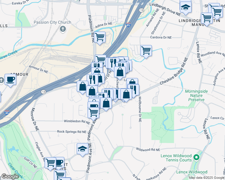 map of restaurants, bars, coffee shops, grocery stores, and more near 2021 Rockledge Road Northeast in Atlanta