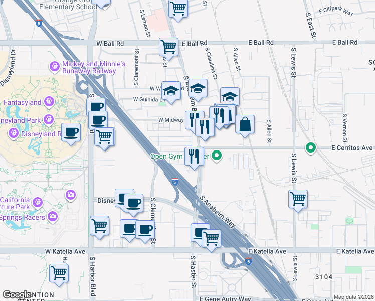 map of restaurants, bars, coffee shops, grocery stores, and more near 1215 West Bushell Street in Anaheim
