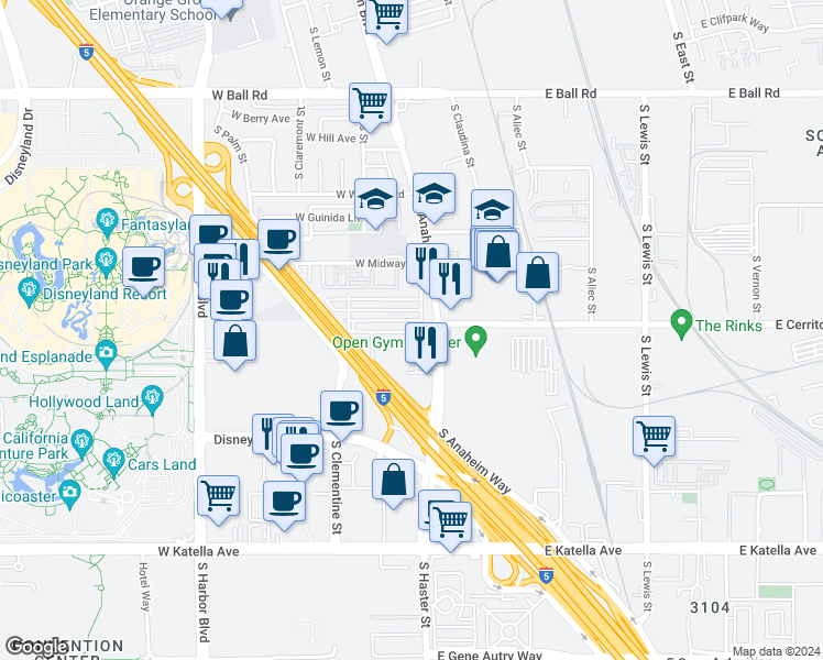 map of restaurants, bars, coffee shops, grocery stores, and more near 1122 West Bushell Street in Anaheim