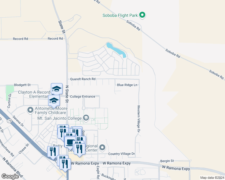 map of restaurants, bars, coffee shops, grocery stores, and more near 1746 The Willows Road in San Jacinto