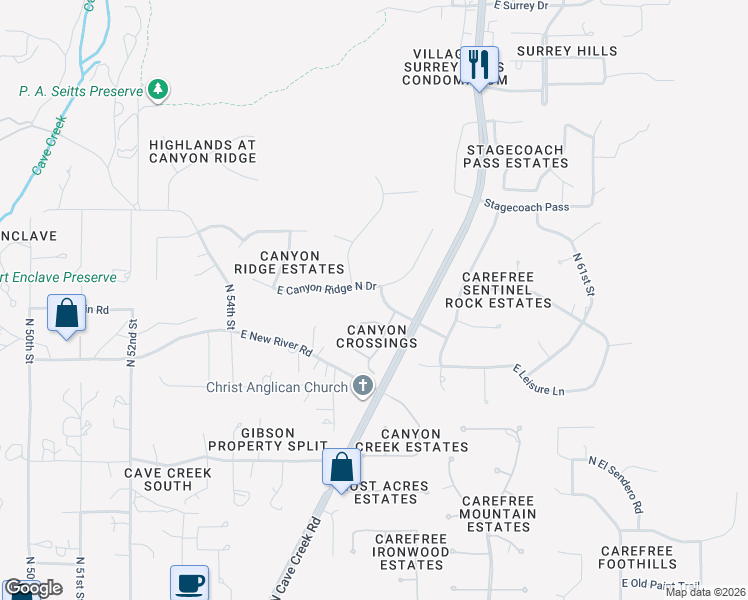 map of restaurants, bars, coffee shops, grocery stores, and more near 5700 Canyon Crossings Drive in Cave Creek