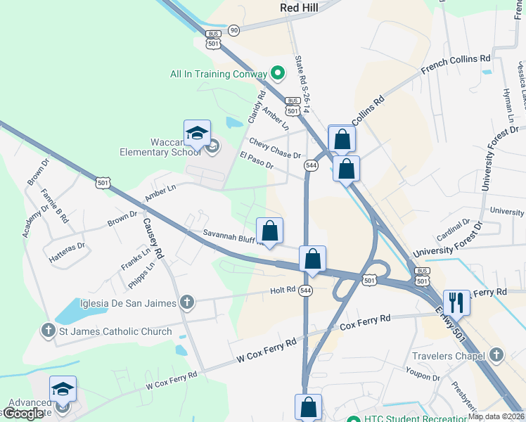 map of restaurants, bars, coffee shops, grocery stores, and more near 159 Harvest Gold Drive in Conway