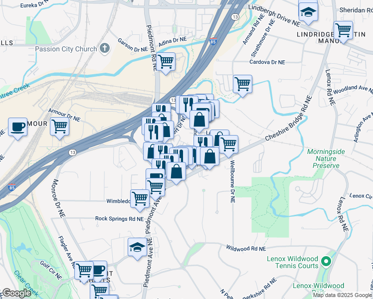 map of restaurants, bars, coffee shops, grocery stores, and more near 1780 Morningtide Lane Northeast in Atlanta