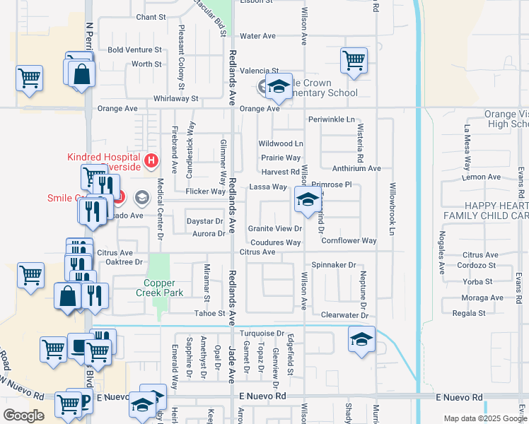 map of restaurants, bars, coffee shops, grocery stores, and more near 2107 Star Thistle Lane in Perris