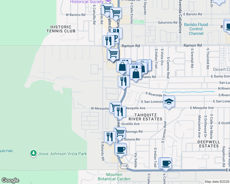 map of restaurants, bars, coffee shops, grocery stores, and more near 134 Morganite Drive in Palm Springs