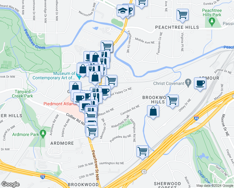 map of restaurants, bars, coffee shops, grocery stores, and more near 2043 Brookwood Valley Circle Northeast in Atlanta