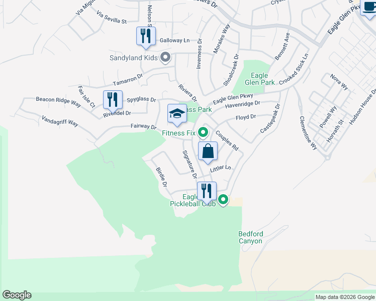map of restaurants, bars, coffee shops, grocery stores, and more near 4429 Signature Drive in Corona