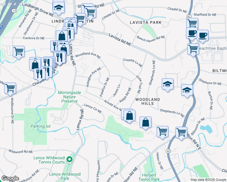 map of restaurants, bars, coffee shops, grocery stores, and more near 1080 Janes Lane in Atlanta