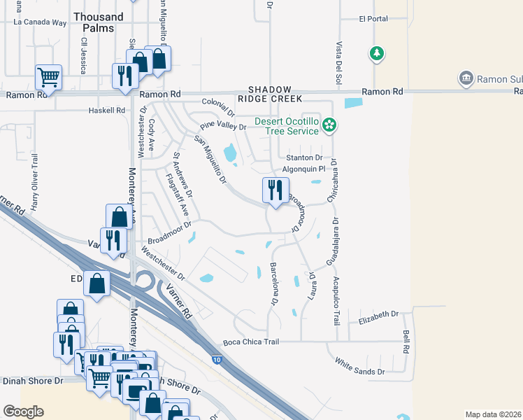 map of restaurants, bars, coffee shops, grocery stores, and more near 32811 Desert Moon Drive in Thousand Palms