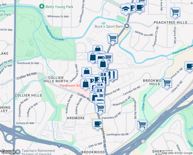map of restaurants, bars, coffee shops, grocery stores, and more near 2020 Peachtree Road Northwest in Atlanta