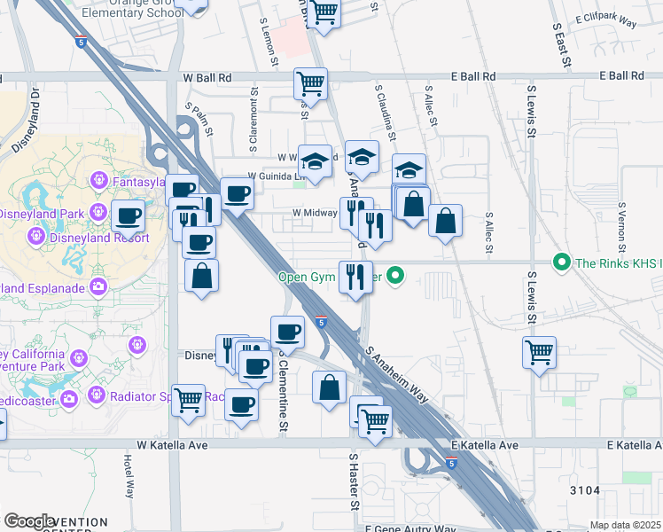 map of restaurants, bars, coffee shops, grocery stores, and more near 1403 West Bushell Street in Anaheim