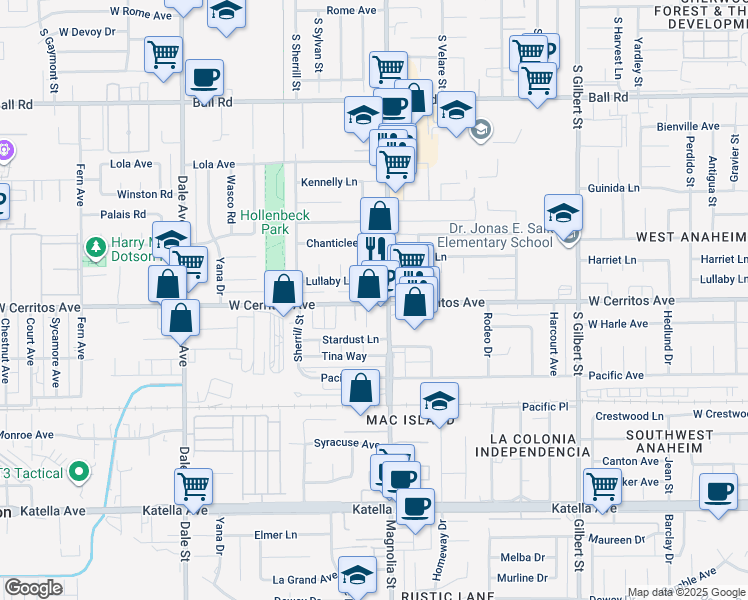 map of restaurants, bars, coffee shops, grocery stores, and more near 8990 West Cerritos Avenue in Anaheim