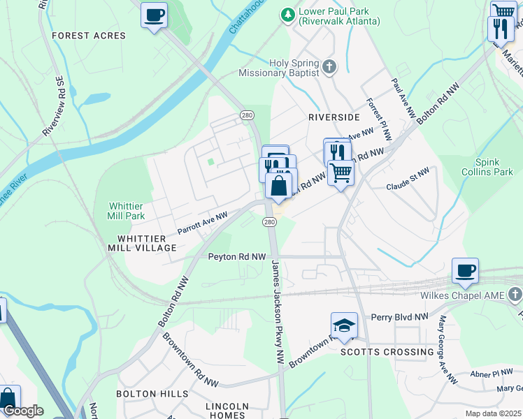 map of restaurants, bars, coffee shops, grocery stores, and more near 2011 Bolton Road Northwest in Atlanta