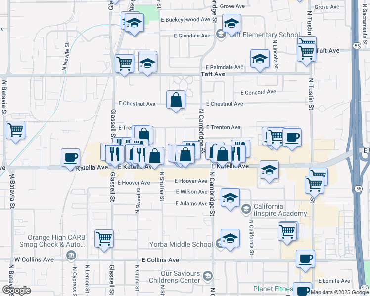 map of restaurants, bars, coffee shops, grocery stores, and more near 1422 North Harwood Street in Orange