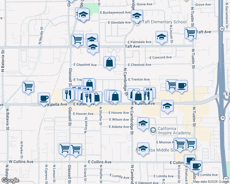 map of restaurants, bars, coffee shops, grocery stores, and more near 501 East Katella Avenue in Orange