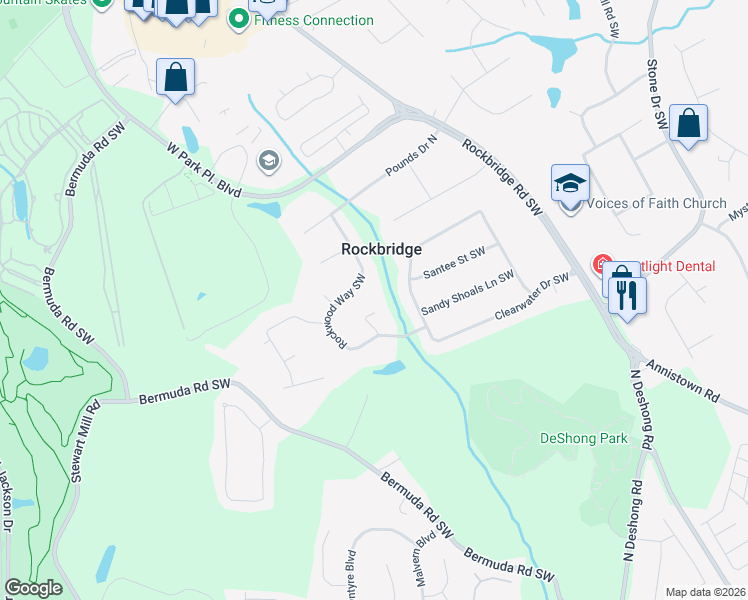 map of restaurants, bars, coffee shops, grocery stores, and more near 2439 Big Creek Terrace Southwest in Stone Mountain