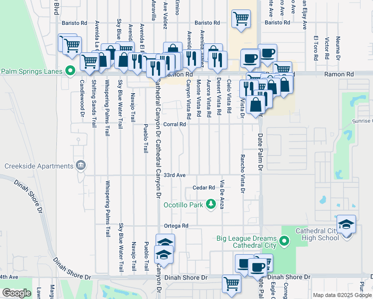 map of restaurants, bars, coffee shops, grocery stores, and more near 32825 Canyon Vista Road in Cathedral City