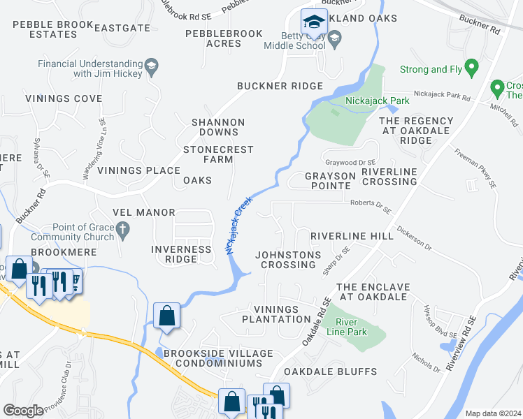 map of restaurants, bars, coffee shops, grocery stores, and more near 1425 Riverline Trail in Mableton
