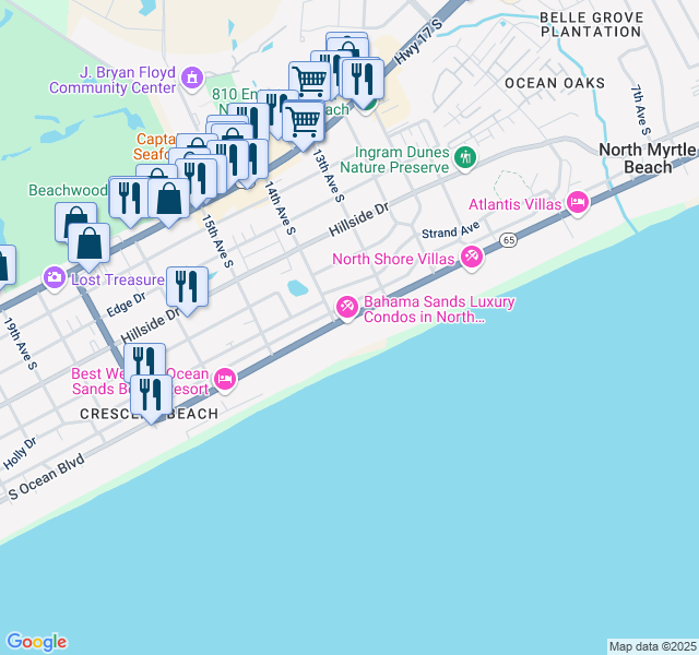 map of restaurants, bars, coffee shops, grocery stores, and more near 1321 South Ocean Boulevard in North Myrtle Beach