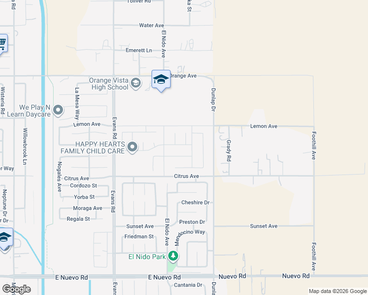 map of restaurants, bars, coffee shops, grocery stores, and more near 1415 Allegra Drive in Perris
