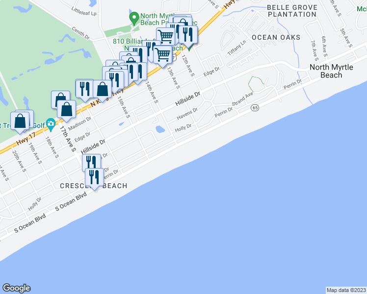 map of restaurants, bars, coffee shops, grocery stores, and more near 1321 South Ocean Boulevard in North Myrtle Beach