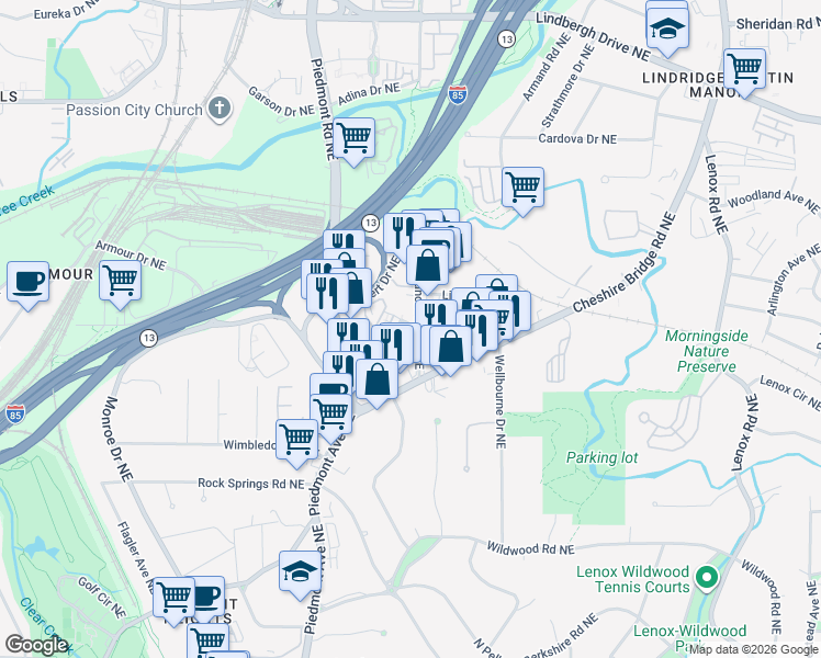 map of restaurants, bars, coffee shops, grocery stores, and more near 2021 Manchester Street Northeast in Atlanta