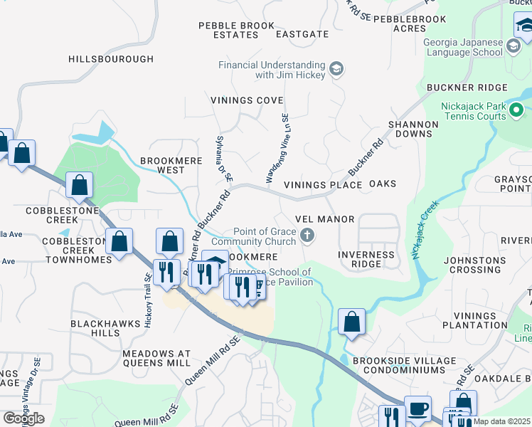 map of restaurants, bars, coffee shops, grocery stores, and more near 1043 Highland Village Trail in Mableton