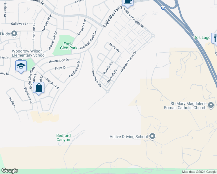 map of restaurants, bars, coffee shops, grocery stores, and more near 4155 Eagle Glen Parkway in Corona