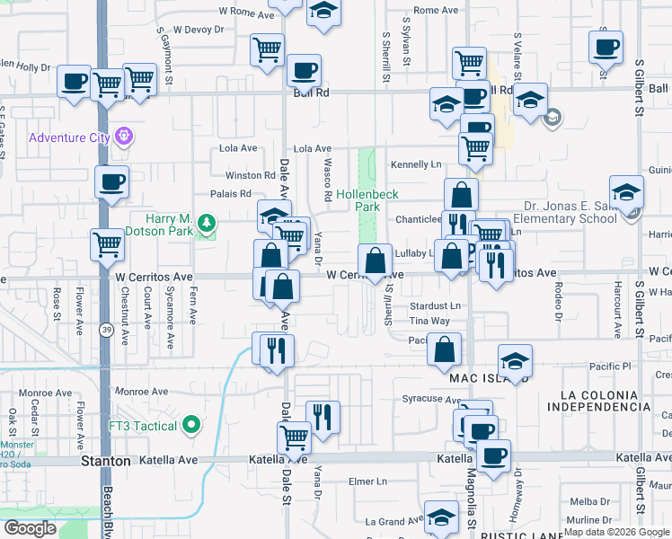 map of restaurants, bars, coffee shops, grocery stores, and more near 8629 West Cerritos Avenue in Stanton