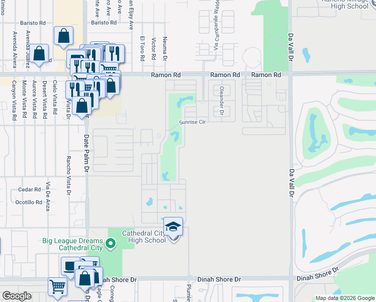 map of restaurants, bars, coffee shops, grocery stores, and more near Golf Course Dr in Cathedral City