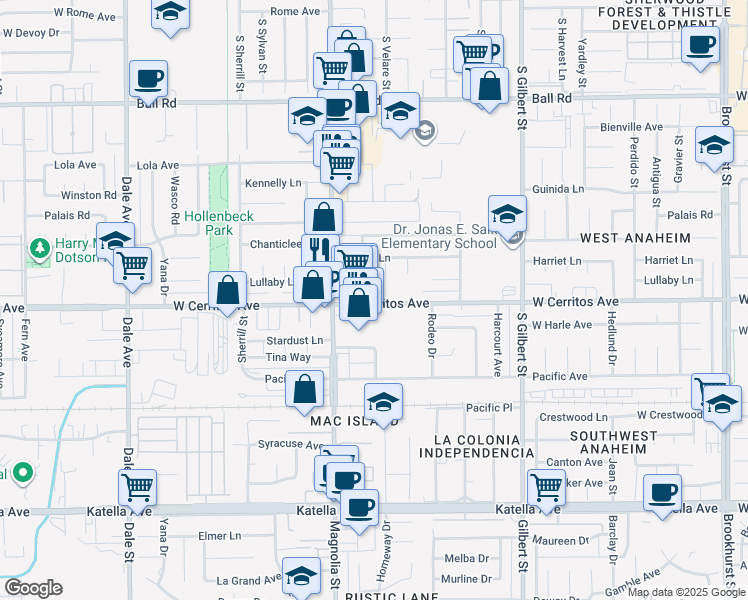 map of restaurants, bars, coffee shops, grocery stores, and more near 9142 West Cerritos Avenue in Anaheim