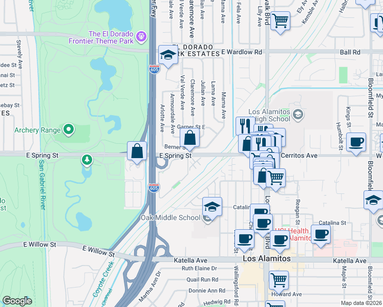 map of restaurants, bars, coffee shops, grocery stores, and more near 7890 East Spring Street in Long Beach