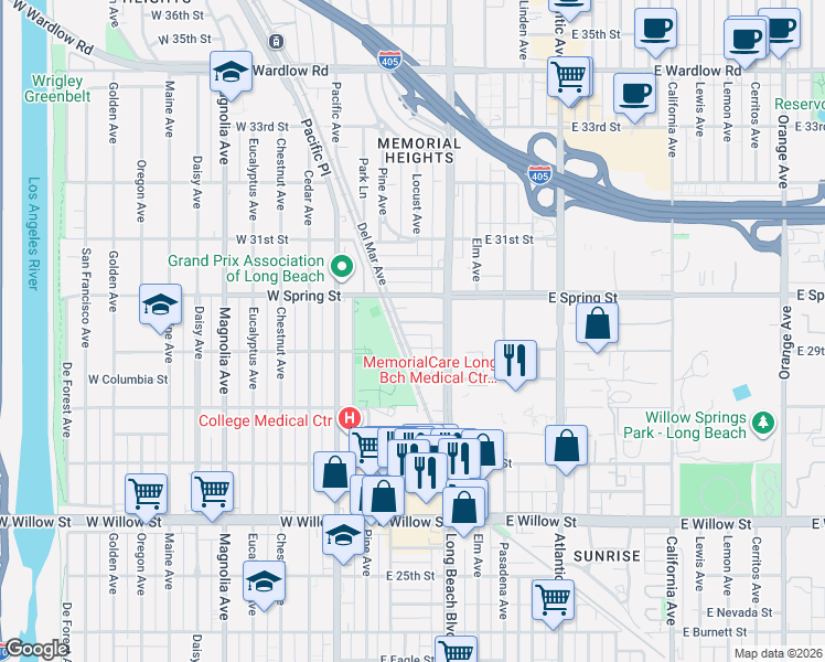 map of restaurants, bars, coffee shops, grocery stores, and more near 167 East 29th Street in Long Beach