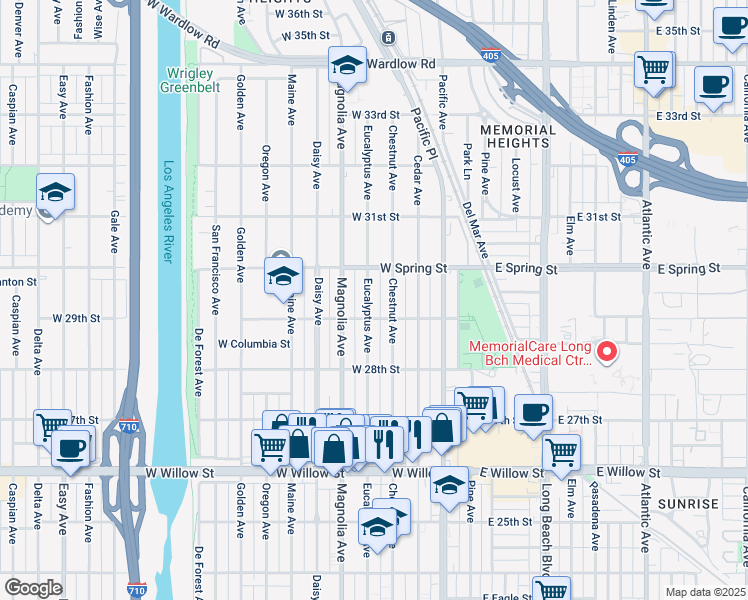 map of restaurants, bars, coffee shops, grocery stores, and more near 2901 Eucalyptus Avenue in Long Beach
