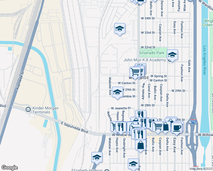 map of restaurants, bars, coffee shops, grocery stores, and more near 2151 West 29th Street in Long Beach