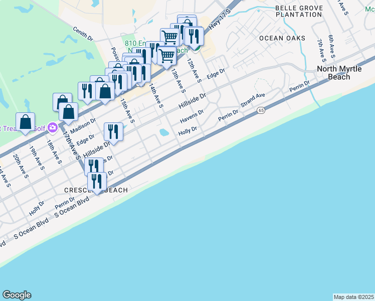 map of restaurants, bars, coffee shops, grocery stores, and more near 1321 South Ocean Boulevard in North Myrtle Beach
