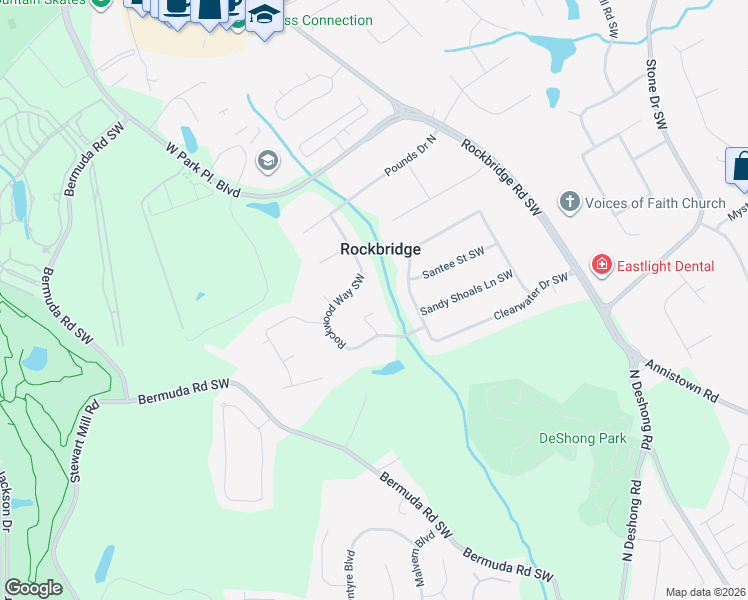 map of restaurants, bars, coffee shops, grocery stores, and more near 2439 Big Creek Terrace Southwest in Stone Mountain