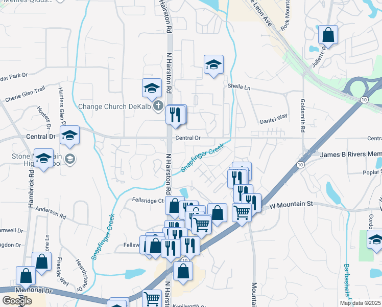map of restaurants, bars, coffee shops, grocery stores, and more near 1075 North Hairston Road in Stone Mountain