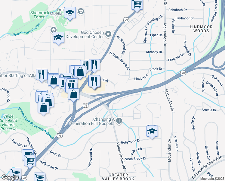 map of restaurants, bars, coffee shops, grocery stores, and more near 2005 Brian Way in Decatur