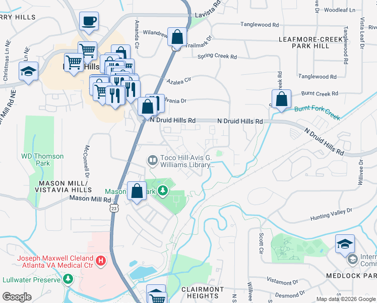 map of restaurants, bars, coffee shops, grocery stores, and more near 1176 City Park Lane in Decatur