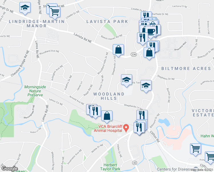 map of restaurants, bars, coffee shops, grocery stores, and more near 1089 Vista Trail Northeast in Atlanta