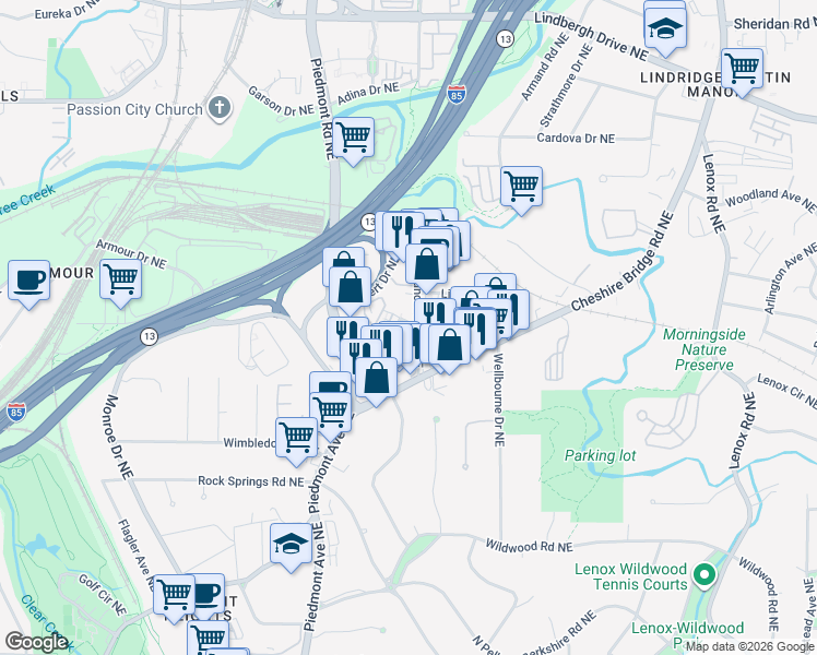 map of restaurants, bars, coffee shops, grocery stores, and more near 2021 Manchester Street Northeast in Atlanta